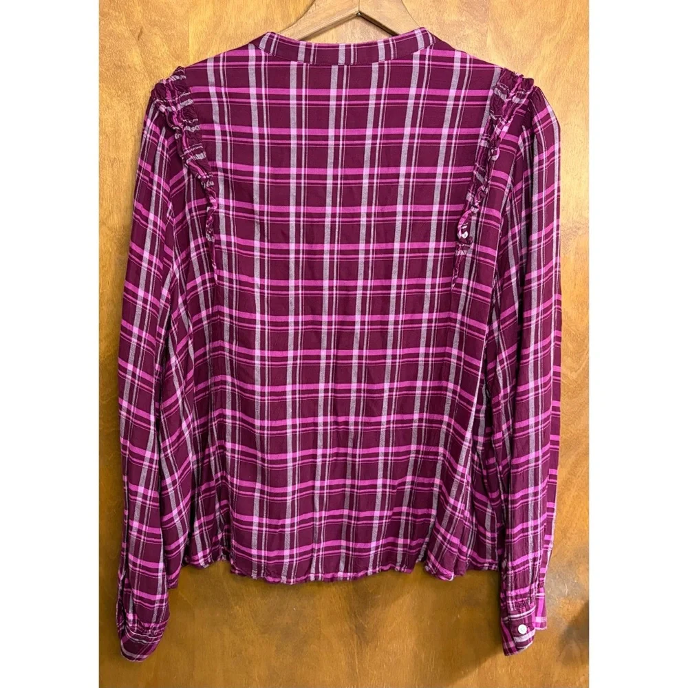 J. Crew Red Burgundy Plaid Ruffle Button Down Blouse Top 2X Office Preppy Boho